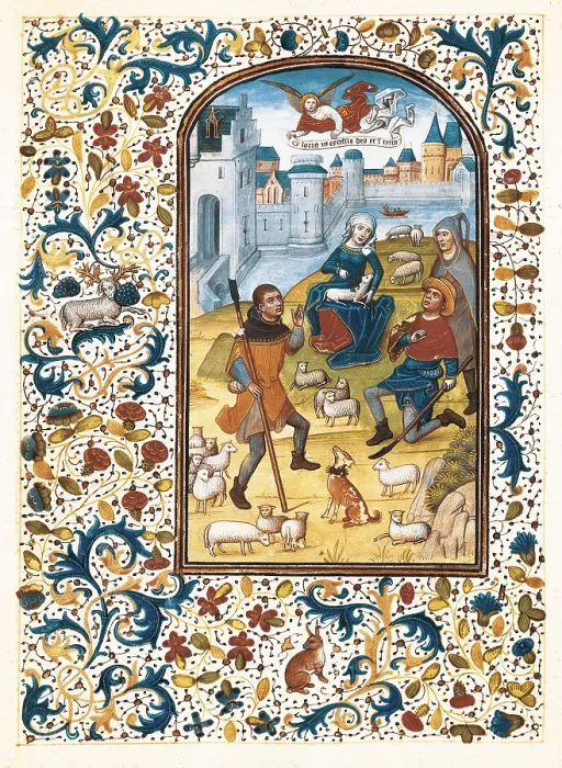 Framed Print : VRELANT, Willem (1410-1481). Book of Hours of Leonor de la Vega. 1465 - 1470. Scene of the Annunciation to the Shepherds. Gothic art. ; Flemish art. Painting; Miniature Painting Framed Print : VRELANT, Willem (1410-1481). Book of Hours of Leonor de la Vega. 1465 - 1470. Scene of the Annunciation to the Shepherds. Gothic art. ; Flemish art. Painting; Miniature Painting