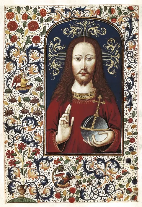 Framed Print : VRELANT, Willem (1410-1481). Book of Hours of Leonor de la Vega. 1465 - 1470. Illustration of Christ blessing. Flemish art. ; Gothic art. Miniature Painting. SPAIN. Madrid Framed Print : VRELANT, Willem (1410-1481). Book of Hours of Leonor de la Vega. 1465 - 1470. Illustration of Christ blessing. Flemish art. ; Gothic art. Miniature Painting. SPAIN. Madrid