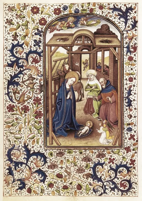 Framed Print : VRELANT, Willem (1410-1481). Book of Hours of Leonor de la Vega. 1465 - 1470. Nativity scene. Flemish art. ; Gothic art. Miniature Painting. SPAIN. Madrid. National Library Framed Print : VRELANT, Willem (1410-1481). Book of Hours of Leonor de la Vega. 1465 - 1470. Nativity scene. Flemish art. ; Gothic art. Miniature Painting. SPAIN. Madrid. National Library