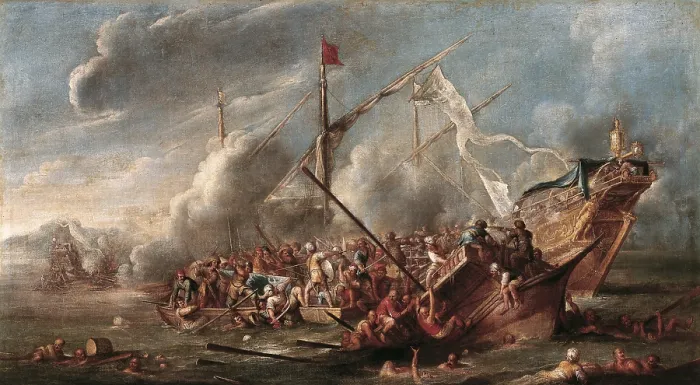 Framed Print : WAEL, Cornelis de (1592 - 1667). Naval Battle between Spanish and Turks. 17th c. Work also attributed to Juan de Toledo. Baroque art. ; Flemish art. Oil on canvas. SPAIN. Madrid