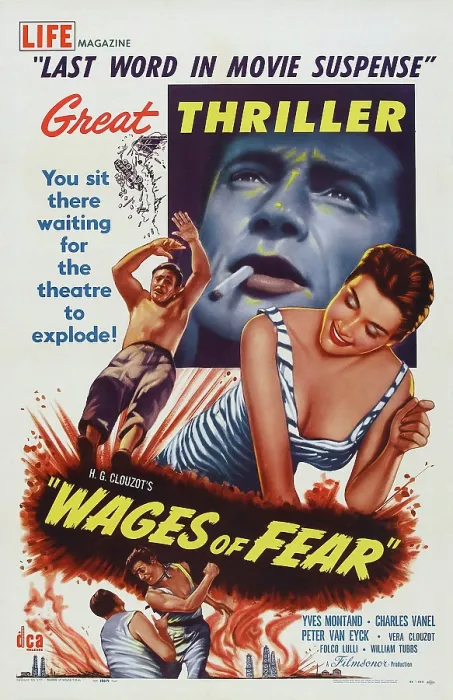 Framed Print : THE WAGES OF FEAR, (aka LA SALAIRE DE LA PEUR), US poster, top from left: Charles Vanel, Yves Montand, Vera Clouzot, 1953