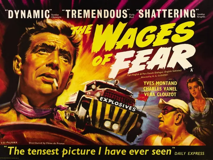 Framed Print : THE WAGES OF FEAR, left: Yves Montand, right from left: Charles Vanel, Vera Clouzot, 1955 Framed Print : THE WAGES OF FEAR, left: Yves Montand, right from left: Charles Vanel, Vera Clouzot, 1955