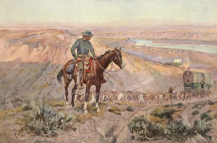 Framed Print : THE WAGON BOSS, by Charles Marion Russell, 1909. An ox-drawn wagon train climbs the trail over a mountain as the wagon master observes and supervises