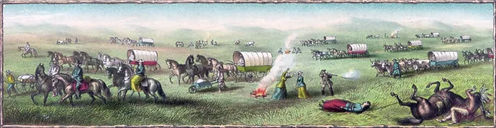 Framed Print : Wagon Train to the West. An imaginary scene of a wagon train with Indian attack. color lithograph, 1887 Framed Print : Wagon Train to the West. An imaginary scene of a wagon train with Indian attack. color lithograph, 1887