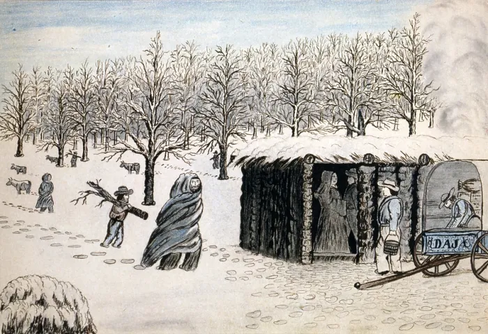 Framed Print : Wagon Train to the West. A wagon train of settlers camped in the snow. Daniel Jenks, color drawing, 1859
