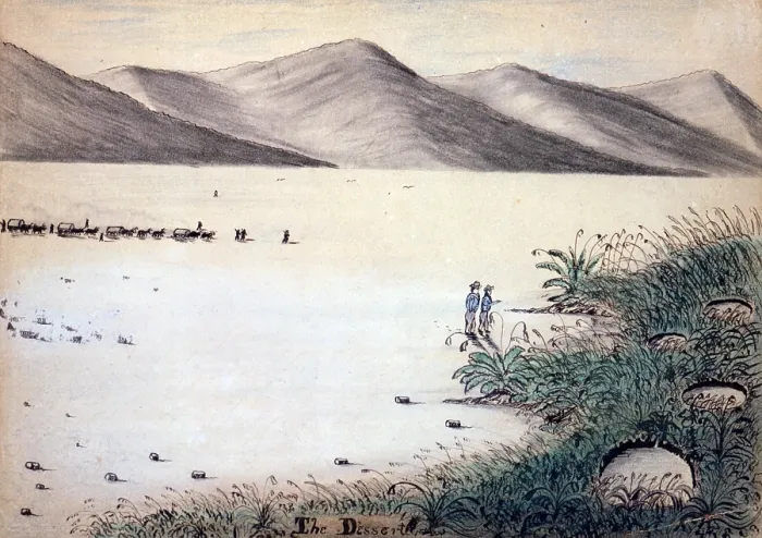 Framed Print : Wagon Train to the West. A wagon train of settlers crosses the Nevada desert. Daniel Jenks, color drawing, 1859