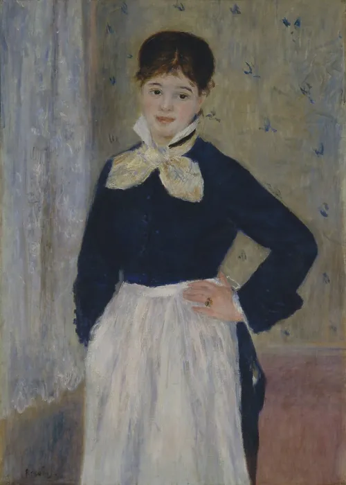 Framed Print : A Waitress at Duvals Restaurant, by Auguste Renoir, 1875, French impressionist oil painting. She is a simply dressed working girl in an ordinary Paris restaurant (BSLOC_2017_3_70)