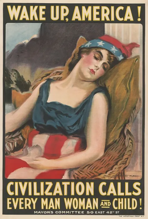Framed Print : WAKE UP AMERICA! World War 1 poster for of April 1917, by James Montgomery Flagg. Actress Mary Arthur was Flaggs model for Columbia