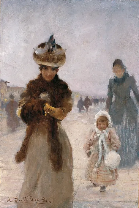 Framed Print : Walk, by Angelo Dall'Oca Bianca, 1885, 19th Century, oil on board - Private collection. Whole artwork view