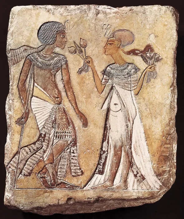 Framed Print : Walk in the garden. 1350 BC. 18th Dynasty. Polychrome bas-relief. Amarna Period. Posible representation of Smenkhkare with Meritaten or Akhenaten with Nefertiti. Egyptian art