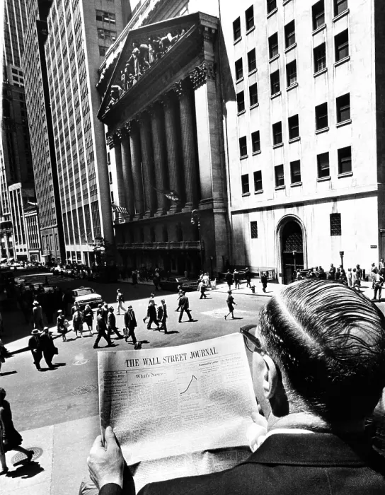 Framed Print : Wall Street Journal reader across the street from the New York Stock Exchange building Framed Print : Wall Street Journal reader across the street from the New York Stock Exchange building