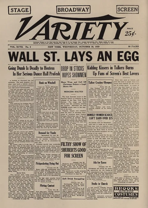 Framed Print : WALL STREET LAYS AN EGG. Famous headline from the entertainment newspaper VARIETY on October 30 1929 referring to the stock market crash. (BSLOC_2010_18_32) Framed Print : WALL STREET LAYS AN EGG. Famous headline from the entertainment newspaper VARIETY on October 30 1929 referring to the stock market crash. (BSLOC_2010_18_32)