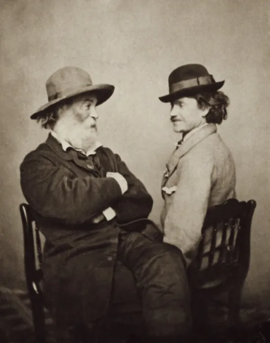 Framed Print : Walt Whitman & his rebel soldier friend Pete Doyle were photographed in Washington, D.C. 1865. Whitman and Doyle are informally seated facing each other