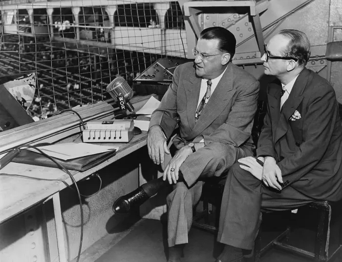 Framed Print : Walter O'Malley 1903-1979 owner of the Brooklyn Dodgers in the press box at Ebbets Field discussing subscription TV and baseball with Arthur Levy. Ca. 1958 Framed Print : Walter O'Malley 1903-1979 owner of the Brooklyn Dodgers in the press box at Ebbets Field discussing subscription TV and baseball with Arthur Levy. Ca. 1958