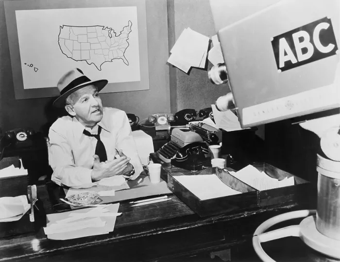 Framed Print : Walter Winchell, during the television broadcast of his weekly radio gossip program. 1953. - (BSLOC_2014_17_100)