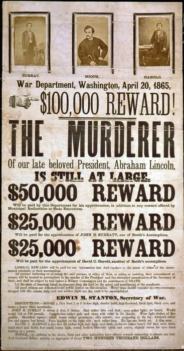 Framed Print : Wanted poster for the assassins of Abraham Lincoln offering a $100, 000 award. Poster displays images of John Wilkes Booth, John H. Surratt, and David E. Herold Framed Print : Wanted poster for the assassins of Abraham Lincoln offering a $100, 000 award. Poster displays images of John Wilkes Booth, John H. Surratt, and David E. Herold