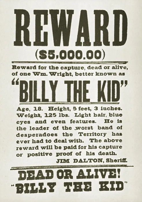Framed Print : Wanted poster for Billy the Kid (1859-1881) offering $5000 dollars reward, probably issued in New Mexico territory, after he killed two deputies, James Bell and Robert Ollinger