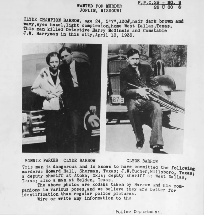 Framed Print : A wanted poster for Bonnie and Clyde used personal photos lawmen found in one of their deserted hideouts. 1933