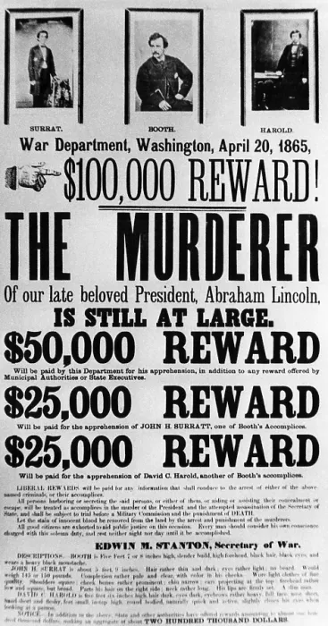 Framed Print : Wanted poster for John Surratt, John Wilkes Booth, and David Herold, who were accused of plotting in the assassination of Abraham Lincoln, c. 1865 Framed Print : Wanted poster for John Surratt, John Wilkes Booth, and David Herold, who were accused of plotting in the assassination of Abraham Lincoln, c. 1865