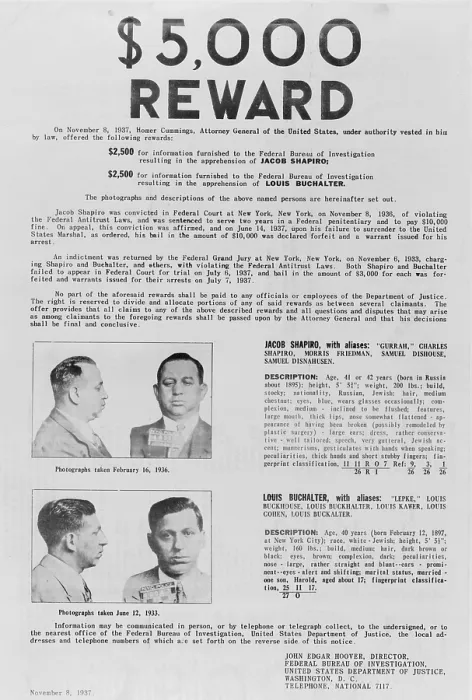 Framed Print : Wanted poster with mugshots of Jacob Gurrah Shapiro (top), and Louis Lepke Buchalter, Jewish American gangsters, photographs February 1936 (top)