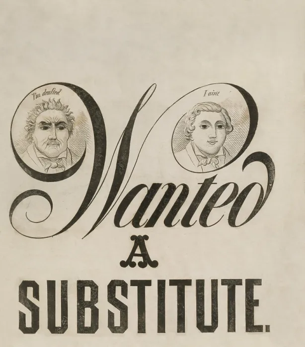 Framed Print : WANTED A SUBSTITUTE is a 1863 sheet music cover, protests the inequities of the Union military conscription Framed Print : WANTED A SUBSTITUTE is a 1863 sheet music cover, protests the inequities of the Union military conscription