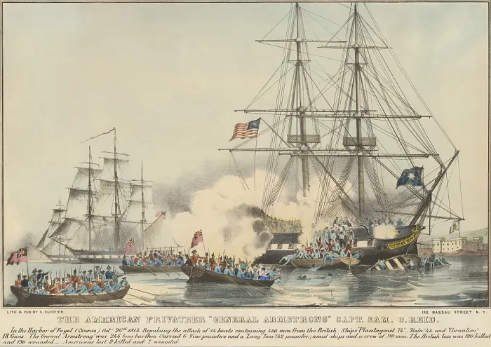 Framed Print : War of 1812. American privateer ship, General Armstrong, repulsed boatloads of British boarding parties in Fayal Harbor, Azores, Sept. 26, 1814 Framed Print : War of 1812. American privateer ship, General Armstrong, repulsed boatloads of British boarding parties in Fayal Harbor, Azores, Sept. 26, 1814