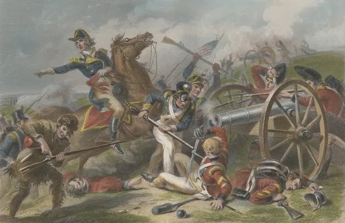 Framed Print : War of 1812, Battle of Chippewa, July 5, 1814. Lt. Col. James Miller taking British guns at the end of the battle