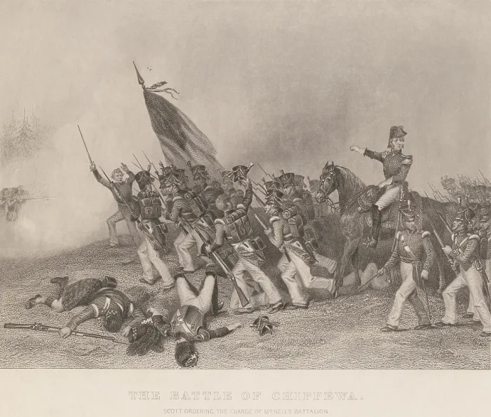 Framed Print : War of 1812, Battle of Chippewa, July 5, 1814. US regular army soldiers, led by Brig. Gen. Winfield Scott, advance under British fire