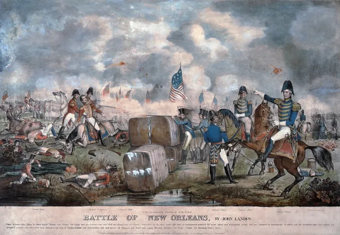 Framed Print : War of 1812, Battle of New Orleans, Jan. 8, 1815. Ranks of British and American soldiers march in the background