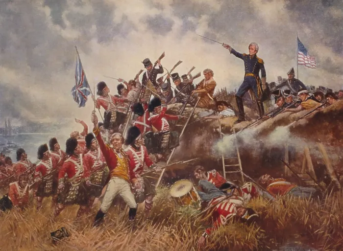 Framed Print : War of 1812, Battle of New Orleans, Jan. 8, 1815. Conjectural scene of General Andrew Jackson exhorting the defenders of New Orleans to attack the advancing British soldiers