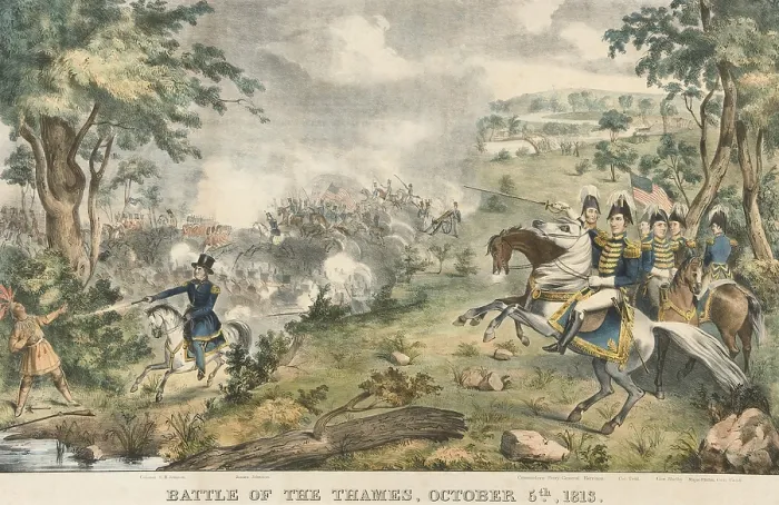 Framed Print : War of 1812. Battle of the Thames, aka Battle of Moraviantown, Oct. 5, 1812. At lower right, Col. Richard Johnson shoots Tecumseh dead with his pistol Framed Print : War of 1812. Battle of the Thames, aka Battle of Moraviantown, Oct. 5, 1812. At lower right, Col. Richard Johnson shoots Tecumseh dead with his pistol