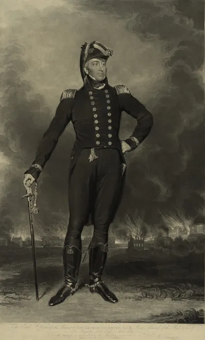 Framed Print : War of 1812. The Burning of Washington, DC, August, 24, 1814. 1817. British Admiral Sir George Cockburn, stands before the burning capital city in the distance Framed Print : War of 1812. The Burning of Washington, DC, August, 24, 1814. 1817. British Admiral Sir George Cockburn, stands before the burning capital city in the distance
