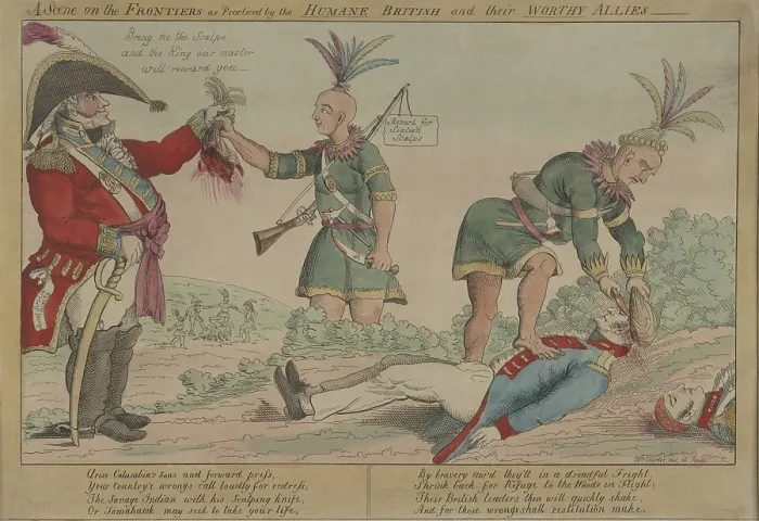 Framed Print : War of 1812. Cartoon denounces British and Indian war crimes, specifically, the British practice of offering bounties for American scalps
