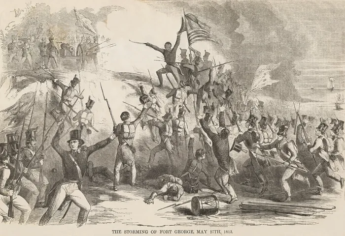 Framed Print : War of 1812, Storming of Fort George, May 27, 1813. US soldiers charging up embankment on the Niagara River shoreline to assault the artillery defending the fort