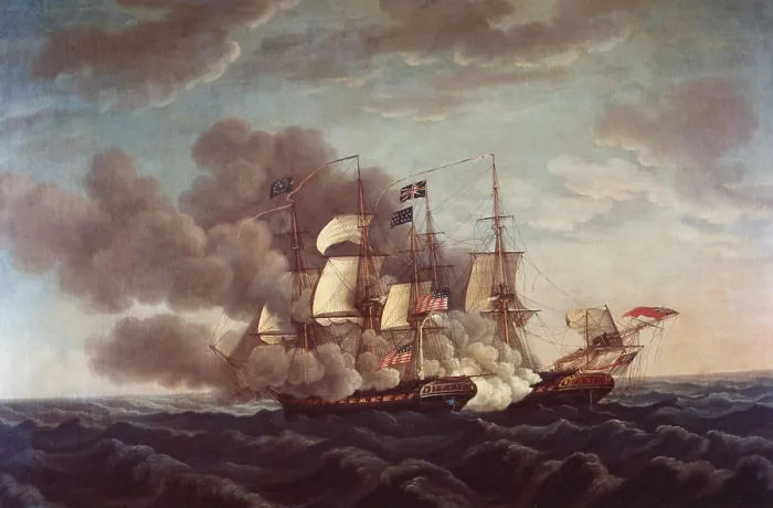 Framed Print : War 1812. USS Constitution in naval battle with HMS Guerriere, Aug. 19 1812