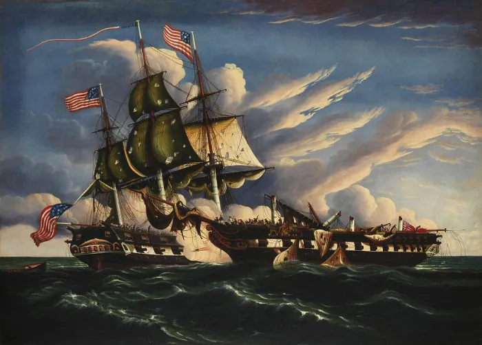 Framed Print : War 1812. USS Constitution in naval battle with HMS Guerriere, Aug. 19 1812