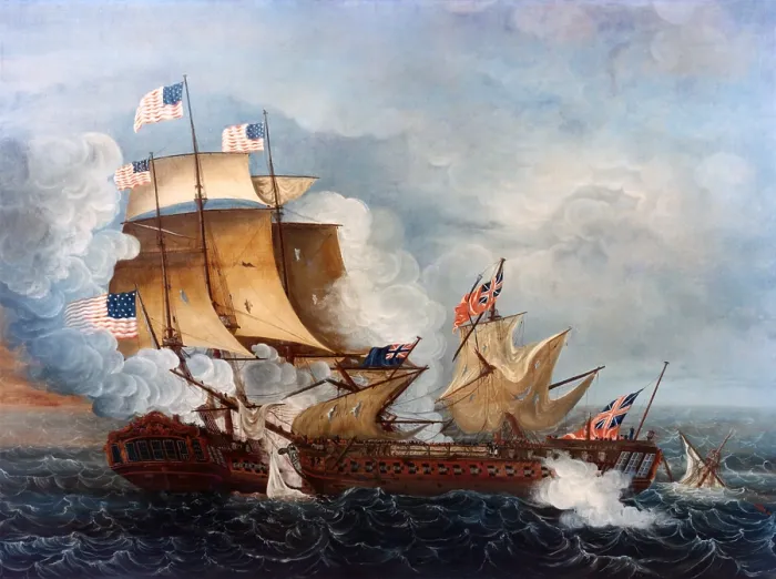 Framed Print : War 1812. USS Constitution in naval battle with HMS Guerriere, Aug. 19 1812. Minutes into the battle, HMS Guerriere suffered more damage from the Constitution's larger guns