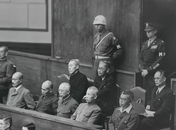 Framed Print : War crimes defendants in the dock at the Tokyo War Crimes Tribunal, May 21, 1946. Front row, at far left is Prime Minister and General Hideki Tojo Framed Print : War crimes defendants in the dock at the Tokyo War Crimes Tribunal, May 21, 1946. Front row, at far left is Prime Minister and General Hideki Tojo