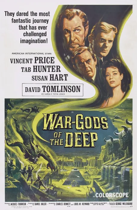 Framed Print : WAR-GODS OF THE DEEP, (aka THE CITY UNDER THE SEA), US poster art, clockwise from top left: Vincent Price, Tab Hunter, Susan Hart, David Tomlinson, 1965