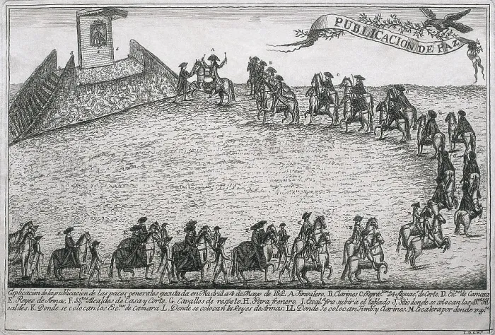Framed Print : War of the Oranges between Spain and Portugal. Signature of the peace between the two kingdoms (May 41802). Engraving. SPAIN. Madrid. National Library