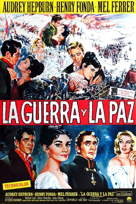 Framed Print : WAR AND PEACE, (aka LA GUERRA Y LA PAZ), top l-r: Vittorio Gassman, Audrey Hepburn, Anita Ekberg, Mel Ferrer, Audrey Hepburn, bottom l-r: Henry Fonda, Audrey Hepburn, Mel Ferrer