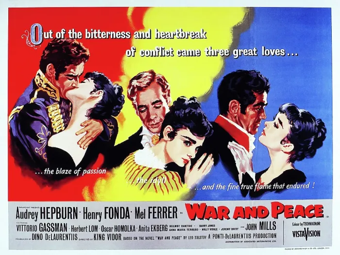Framed Print : WAR AND PEACE, from left on British poster art: Vittorio Gassman, Audrey Hepburn, Mel Ferrer, Audrey Hepburn, Henry Fonda, Audrey Hepburn