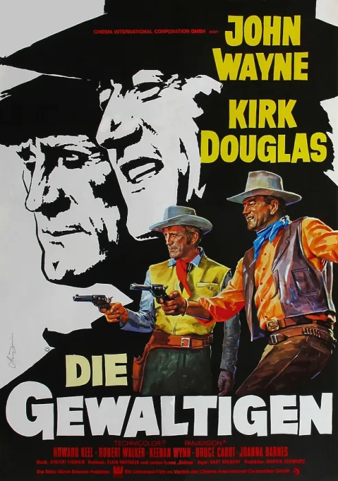 Framed Print : THE WAR WAGON, (aka DIE GEWALTIGEN), top and bottom l-r: Kirk Douglas, John Wayne on Austrian poster art, 1967