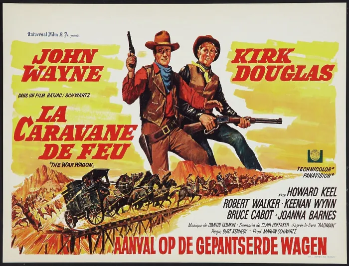 Framed Print : THE WAR WAGON, (aka LA CARAVANE DE FEU), l-r: John Wayne, Kirk Douglas on French poster art, 1967