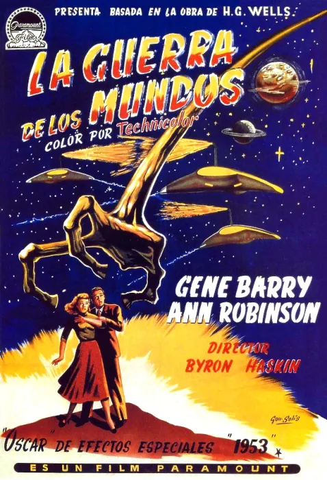 Framed Print : THE WAR OF THE WORLDS, bottom, left to right: Ann Robinson, Gene Barry on re-issue Spanish poster art, 1953