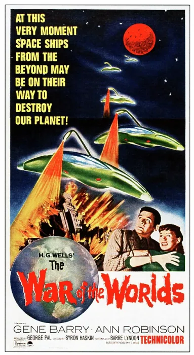 Framed Print : THE WAR OF THE WORLDS, bottom from left: Gene Barry, Ann Robinson on 1965 poster art, 1953 Framed Print : THE WAR OF THE WORLDS, bottom from left: Gene Barry, Ann Robinson on 1965 poster art, 1953