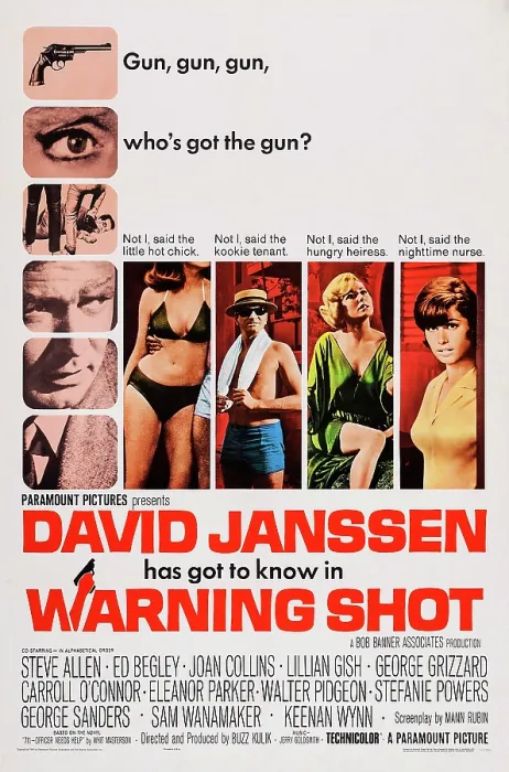 Framed Print : WARNING SHOT, US poster art, David Janssen, (left), Eleanor Parker, (second right), Stefanie Powers, (right), 1967