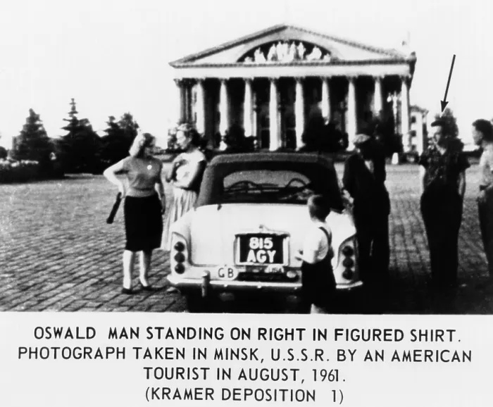 Framed Print : Warren Commission Exhibit. Lee Harvey Oswald (arrow) in Minsk, USSR, taken by an American tourist during the two and a half years of his defection to the Soviet Union