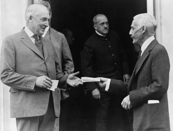 Framed Print : Warren G. Harding (1865-1923), buys treasury savings certificates from Secretary of the Treasury, Andrew Mellon