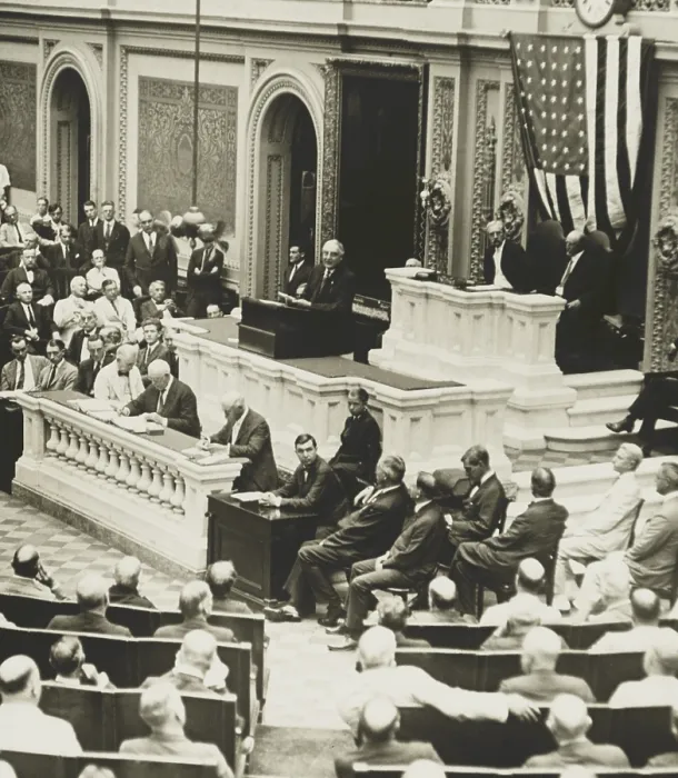Framed Print : Warren Harding speaking in the House of Representatives, ca. 1920-21. Behind him, on the Speaker's rostrum are VP Thomas Marshall and House Speaker Frederick Gillett